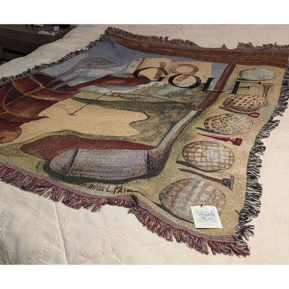 Simply Home Golf Tweed Fringe Tapestry Blanket Vintage 60” X 50” Michelle Palmer - Picture 1 of 7